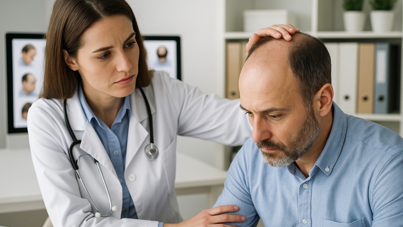 Consultation calvitie : spécialiste et patient comparant soins et microgreffes